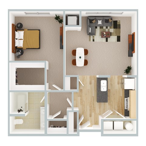 Floor plan for 1 bed, 1 bath, 864 sqft